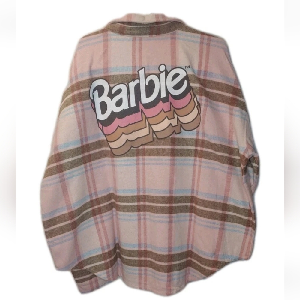 Barbie Shacket Flap Shirt Jacket Woman Plus 3X Pink Brown Plaid Preppy Girl Nwt